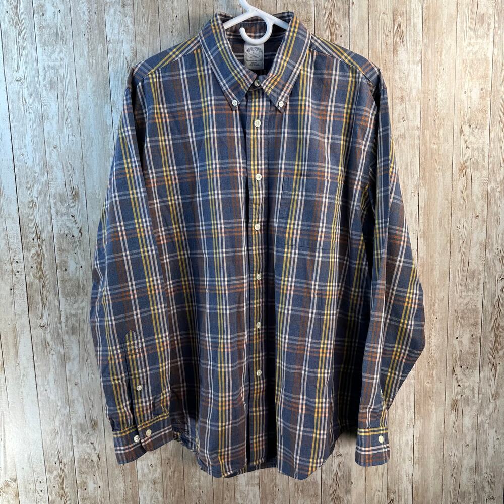 Brooks Brothers 346 Button Down Shirt Mens XL Orange Navy‎ Plaid Long Sleeve